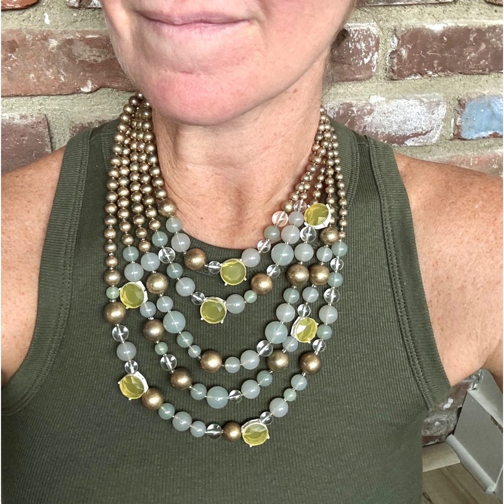 Vintage tiered necklace beaded multistrand bronze pastel blue metallic 5 strands